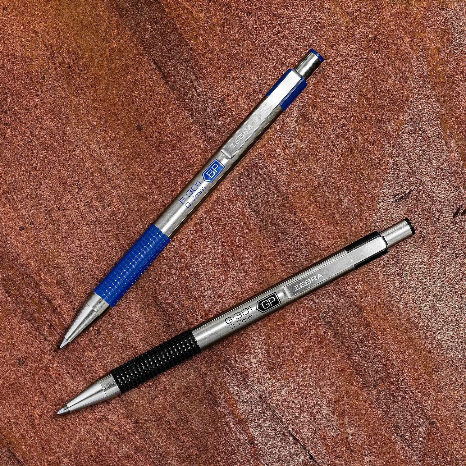 Zebra Pen F-301 Retractable Ballpoint Pen, Fine 0.7mm, Stainless Steel Barrel, Blue Ink, 2-Pack