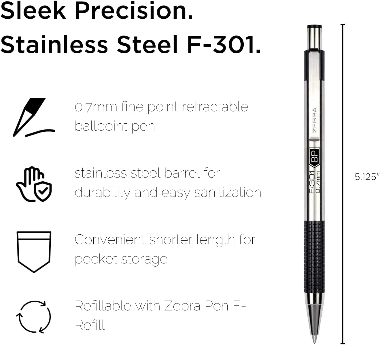 Zebra Pen F-301 Retractable Ballpoint Pen, Fine 0.7mm, Stainless Steel Barrel, Blue Ink, 2-Pack