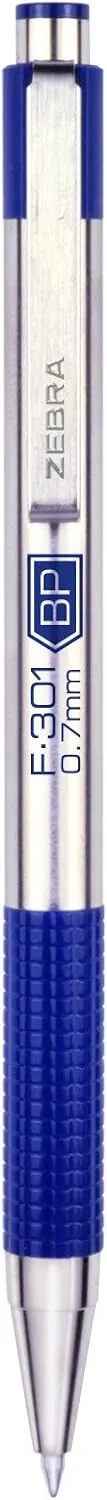 Zebra Pen F-301 Retractable Ballpoint Pen, Fine 0.7mm, Stainless Steel Barrel, Blue Ink, 2-Pack