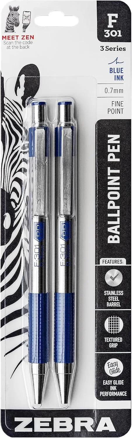 Zebra Pen F-301 Retractable Ballpoint Pen, Fine 0.7mm, Stainless Steel Barrel, Blue Ink, 2-Pack