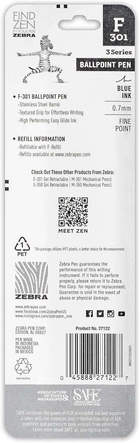 Zebra Pen F-301 Retractable Ballpoint Pen, Fine 0.7mm, Stainless Steel Barrel, Blue Ink, 2-Pack