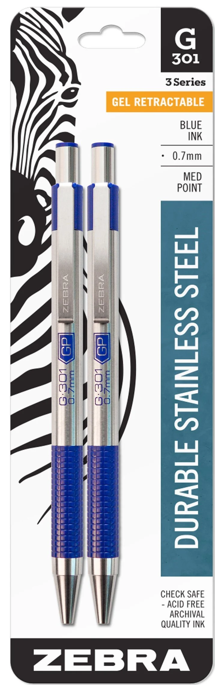 Zebra Pen G-301 Retractable Gel Pen 0.7mm Medium Point Stainless Steel Barrel