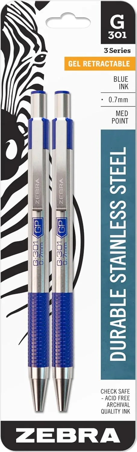 Zebra Pen G-301 Retractable Gel Pen 0.7mm Medium Point Stainless Steel Barrel