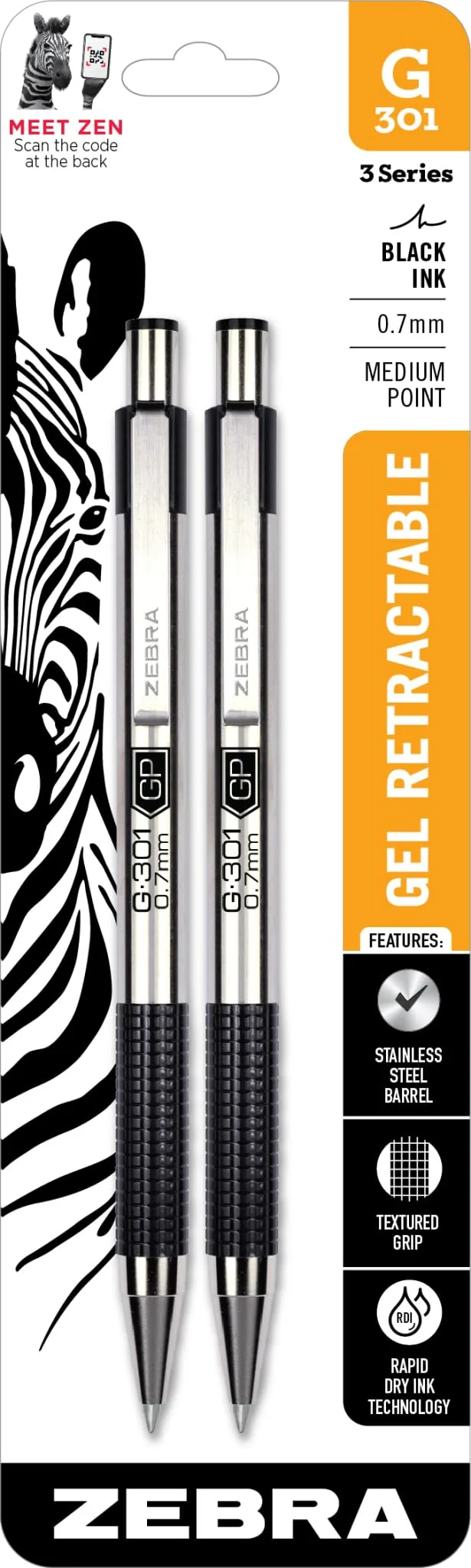 Zebra Pen G-301 Retractable Gel Pen 0.7mm Medium Point Stainless Steel Barrel