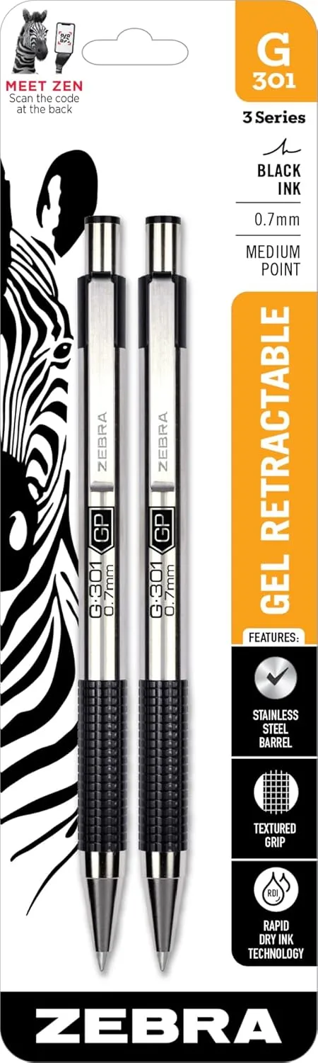 Zebra Pen G-301 Retractable Gel Pen 0.7mm Medium Point Stainless Steel Barrel