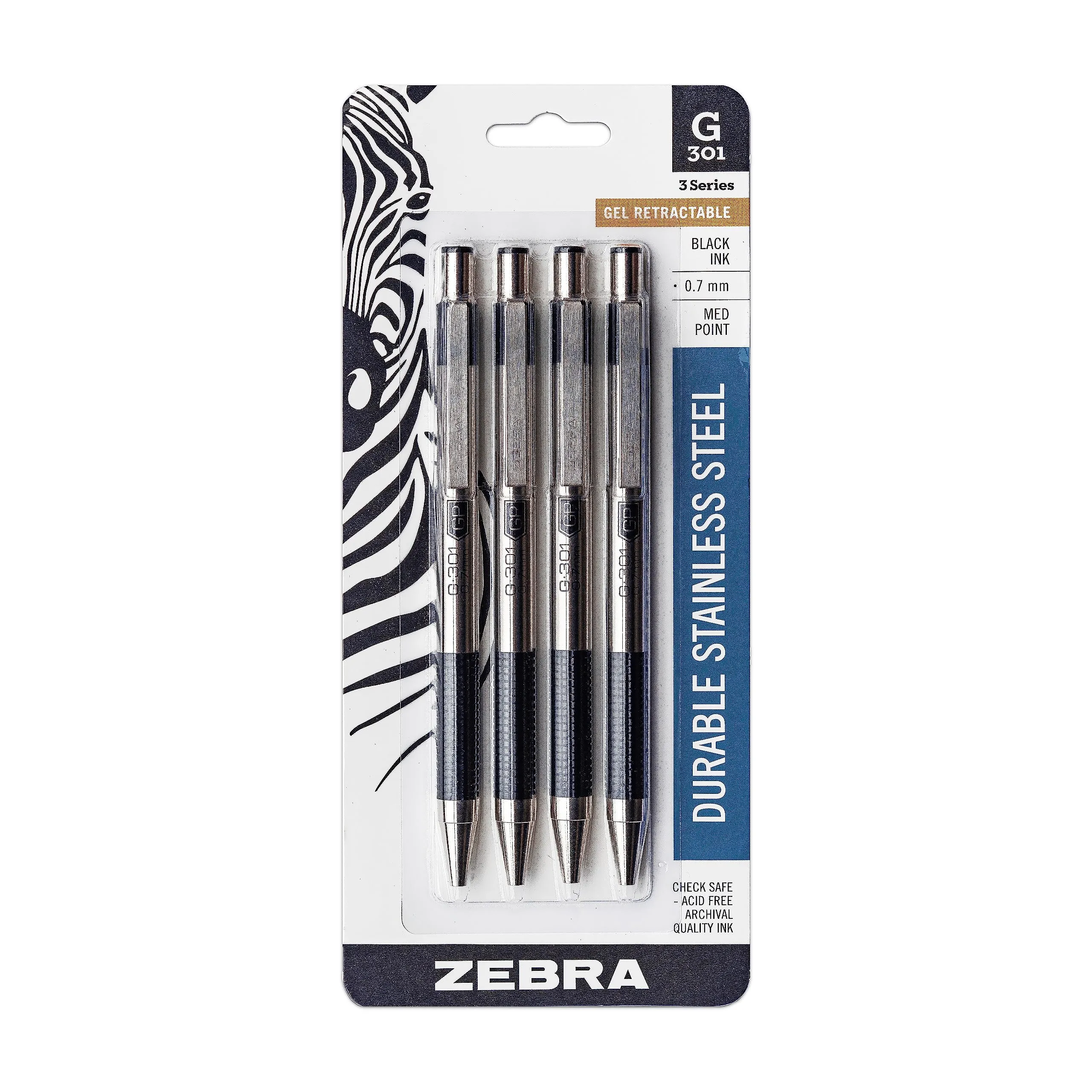 Zebra Pen G-301 Retractable Gel Pen 0.7mm Medium Point Stainless Steel Barrel