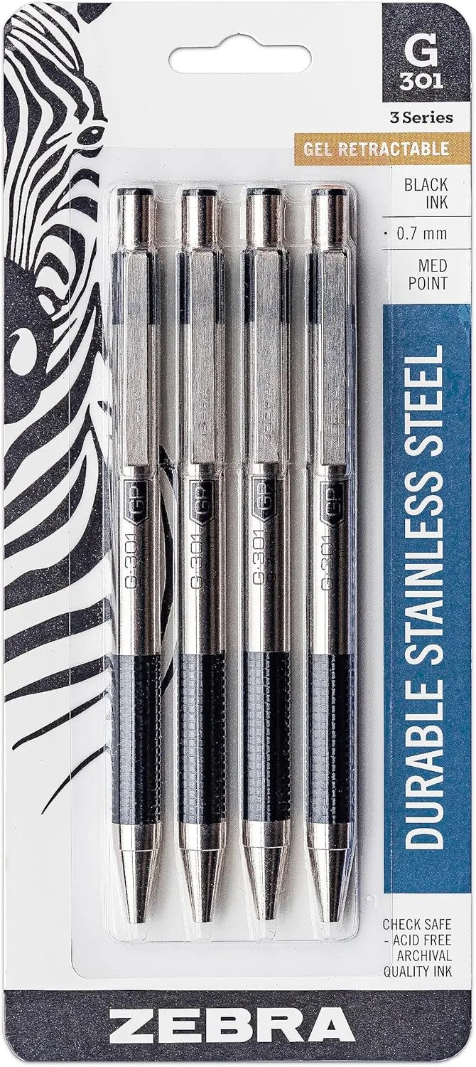 Zebra Pen G-301 Retractable Gel Pen 0.7mm Medium Point Stainless Steel Barrel
