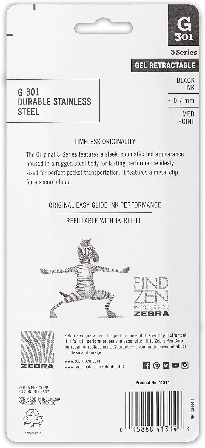 Zebra Pen G-301 Retractable Gel Pen 0.7mm Medium Point Stainless Steel Barrel