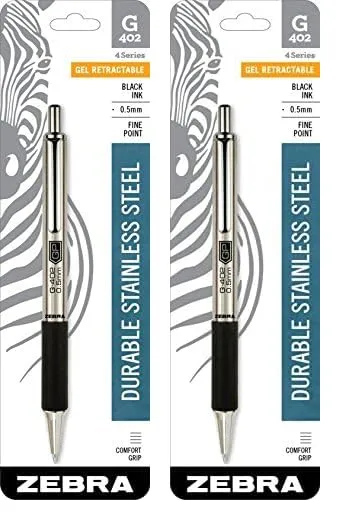 Zebra Pen G-402 Retractable Gel Pen, Stainless Steel Barrel, 0.5mm Fine Point, Black Ink, 2-Pack