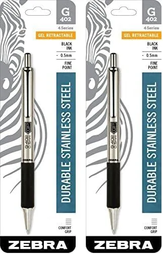 Zebra Pen G-402 Retractable Gel Pen, Stainless Steel Barrel, 0.5mm Fine Point, Black Ink, 2-Pack