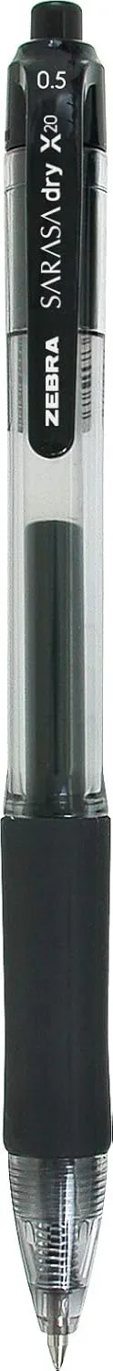 Zebra Pen Sarasa Dry X20 Retractable Gel Pen, 0.5mm, Black Ink, 12-Pack