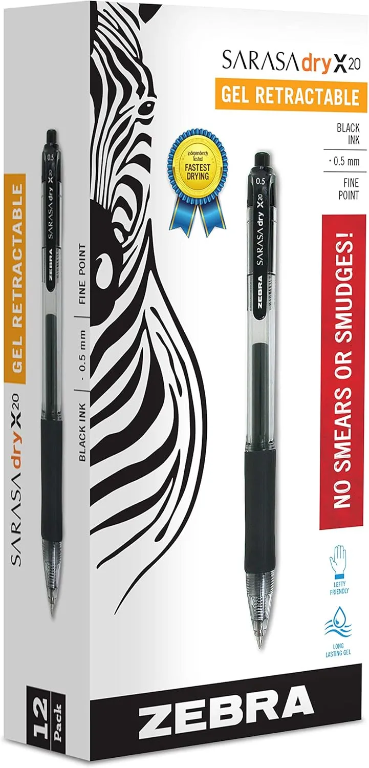 Zebra Pen Sarasa Dry X20 Retractable Gel Pen, 0.5mm, Black Ink, 12-Pack