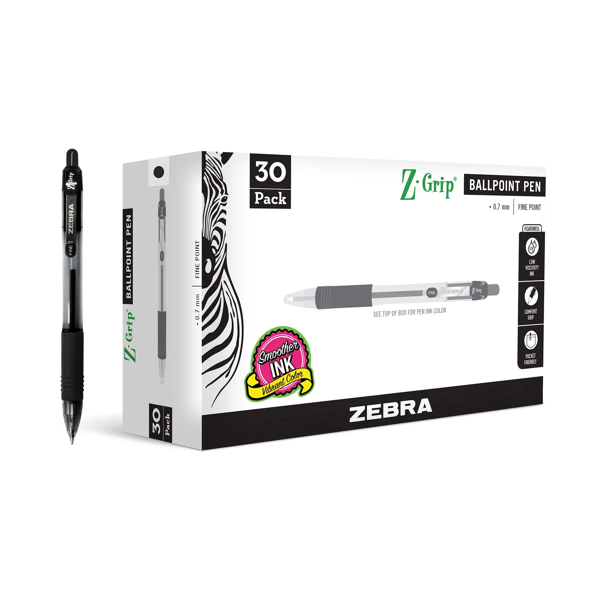 Zebra Pen Z-Grip Retractable Ballpoint Pens - 0.7 mm - Black - 30 Pack