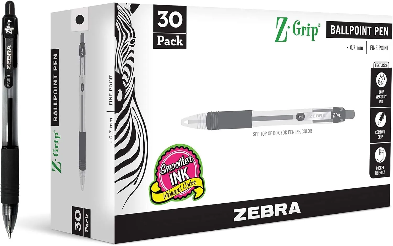 Zebra Pen Z-Grip Retractable Ballpoint Pens - 0.7 mm - Black - 30 Pack