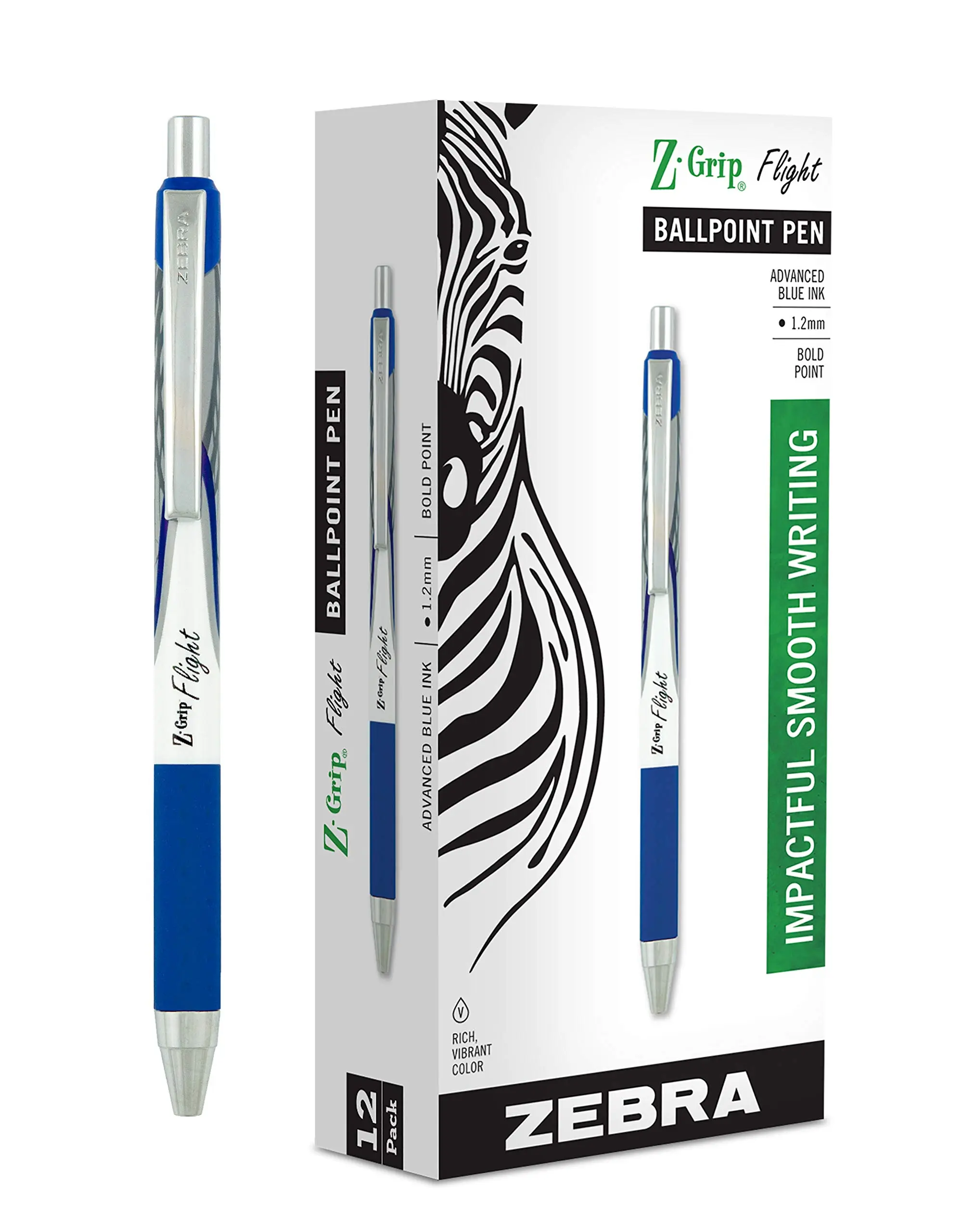 Zebra Pen Z-Grip Flight Retractable Ballpoint Pen, Bold 1.2mm, Blue Ink, 12-Pack
