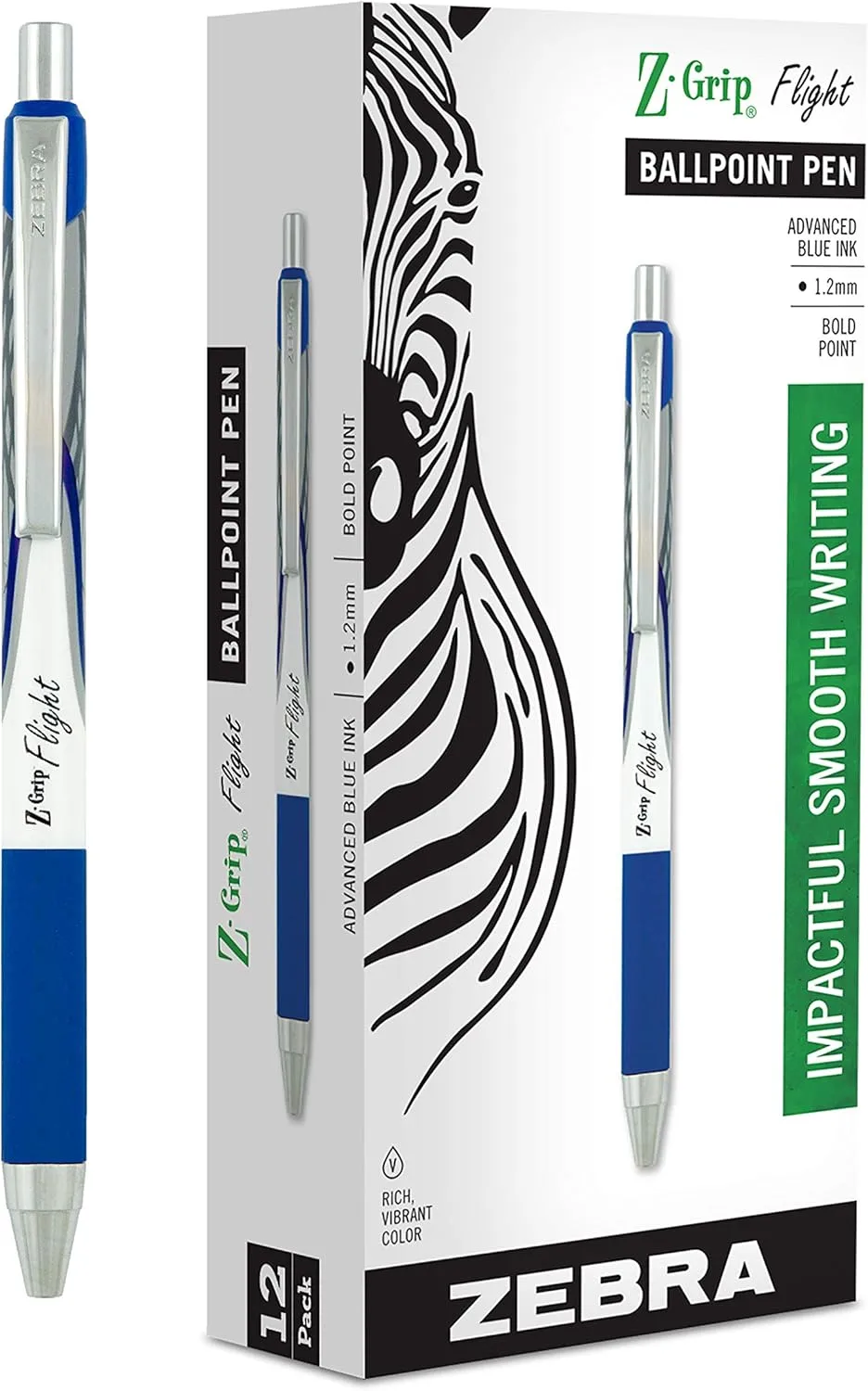 Zebra Pen Z-Grip Flight Retractable Ballpoint Pen, Bold 1.2mm, Blue Ink, 12-Pack