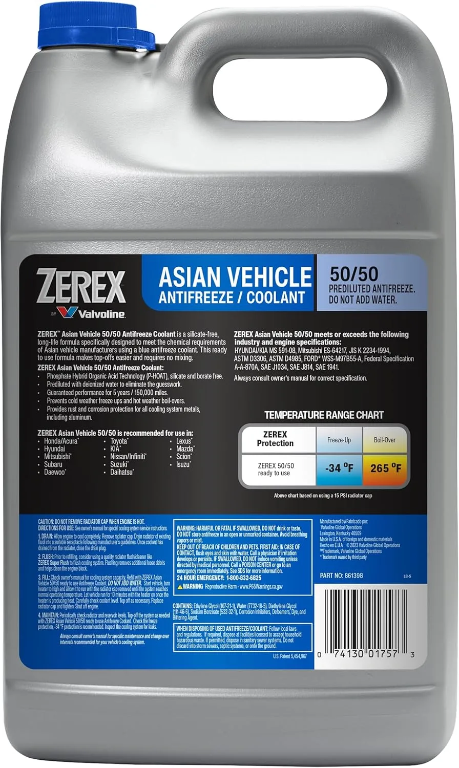 Zerex Asian Vehicle Antifreeze/Coolant 1 Gallon 50/50 Prediluted HOAT