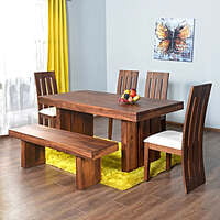 Solid Wood 6-Seater Dining Set | Rustic Table with Bench & Slatted Chairs Solid Wood 6-Seater Dining Set | Rustic Table with Bench & Slatted Chairs