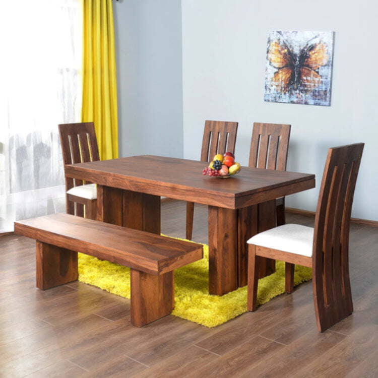 Solid Wood 6-Seater Dining Set | Rustic Table with Bench & Slatted Chairs Solid Wood 6-Seater Dining Set | Rustic Table with Bench & Slatted Chairs