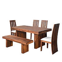 Solid Wood 6-Seater Dining Set | Rustic Table with Bench & Slatted Chairs Solid Wood 6-Seater Dining Set | Rustic Table with Bench & Slatted Chairs