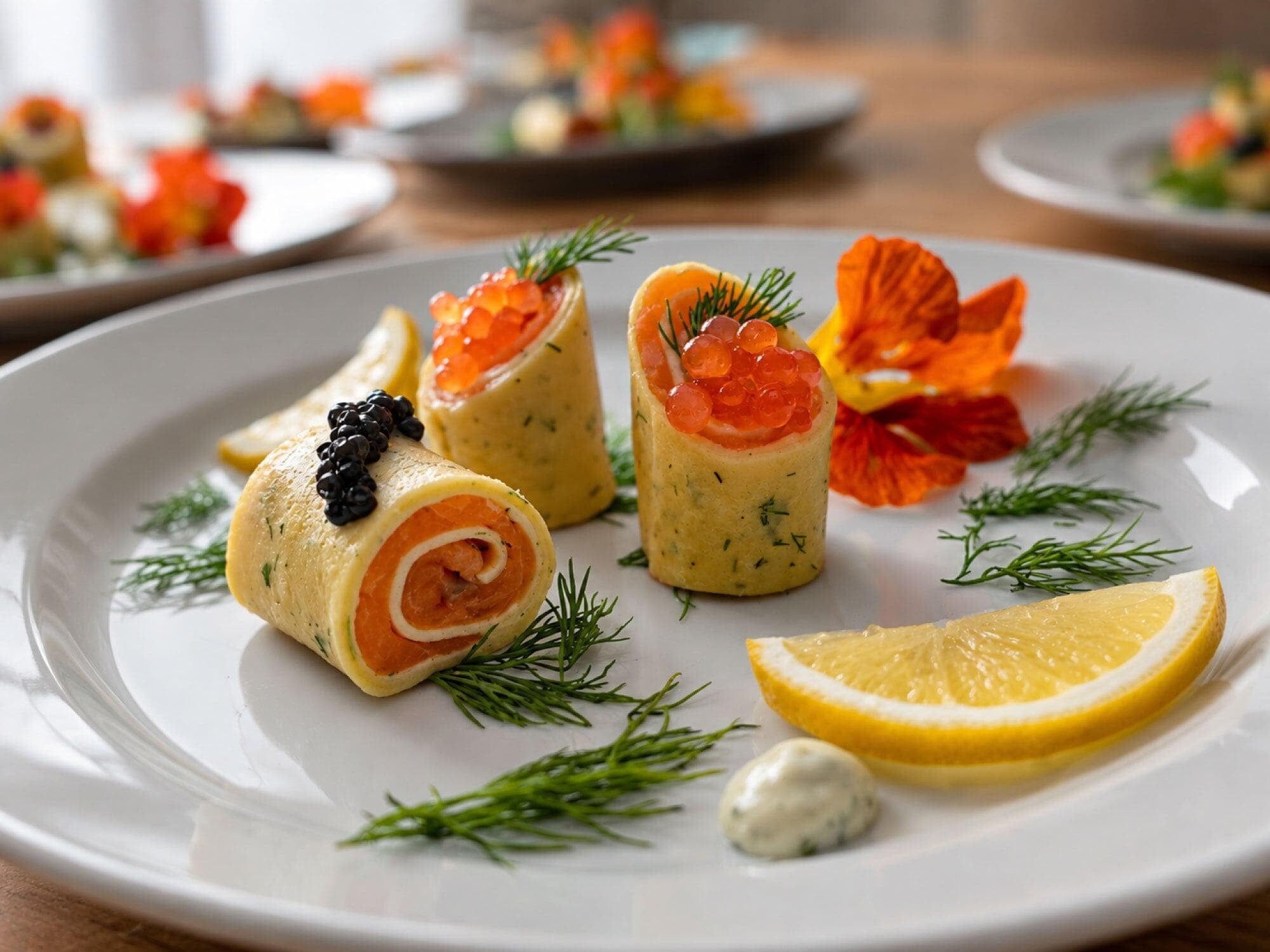 LOriental signature smoked smoked salmon and caviar crepe roulade starter course LOriental signature smoked smoked salmon and caviar crepe roulade starter course