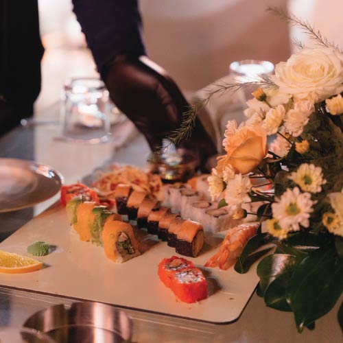 Premium sushi platter prepared for VIP area during Helmy &amp; Reem
wedding at Baron Empain Palace