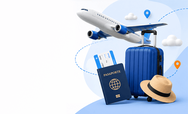 avión, maleta de viaje, pasaporte y sombrero